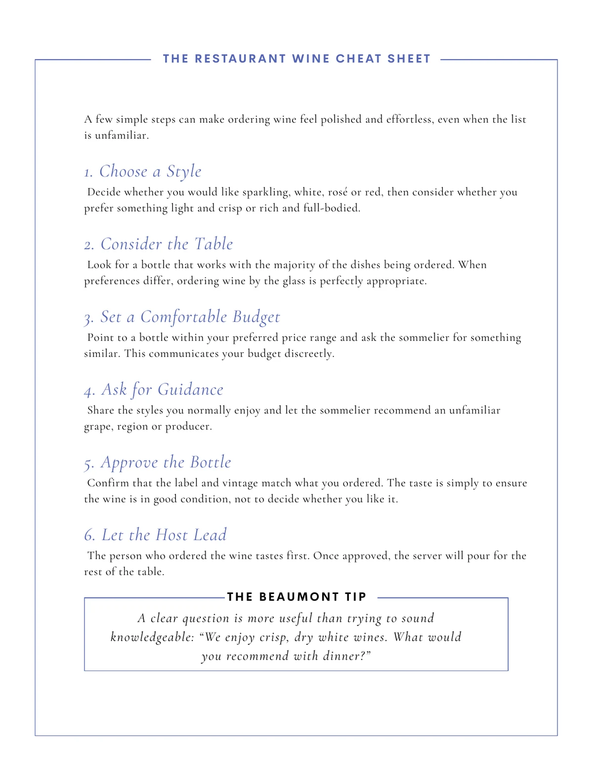 Restaurant wine cheat sheet from Wine Without Intimidation