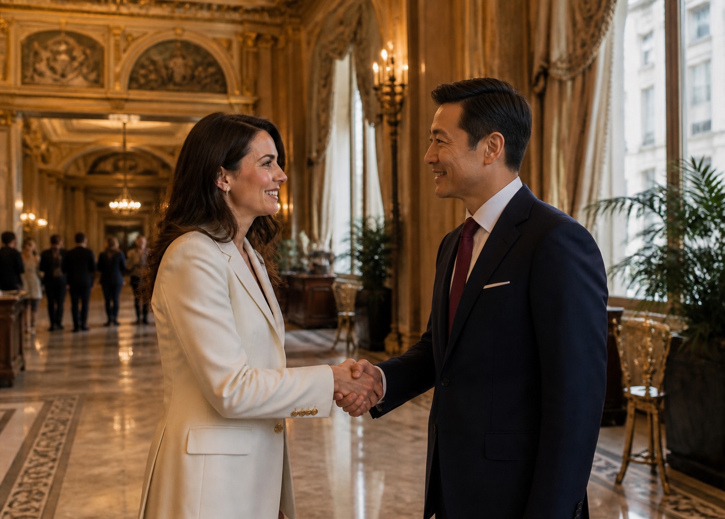 Two professionals greeting one another in an elegant hotel salon