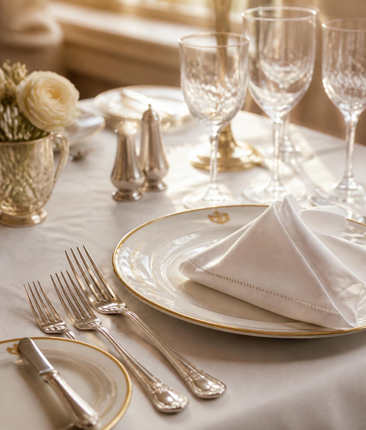 Gold-rimmed place setting with silver flatware and crystal glasses