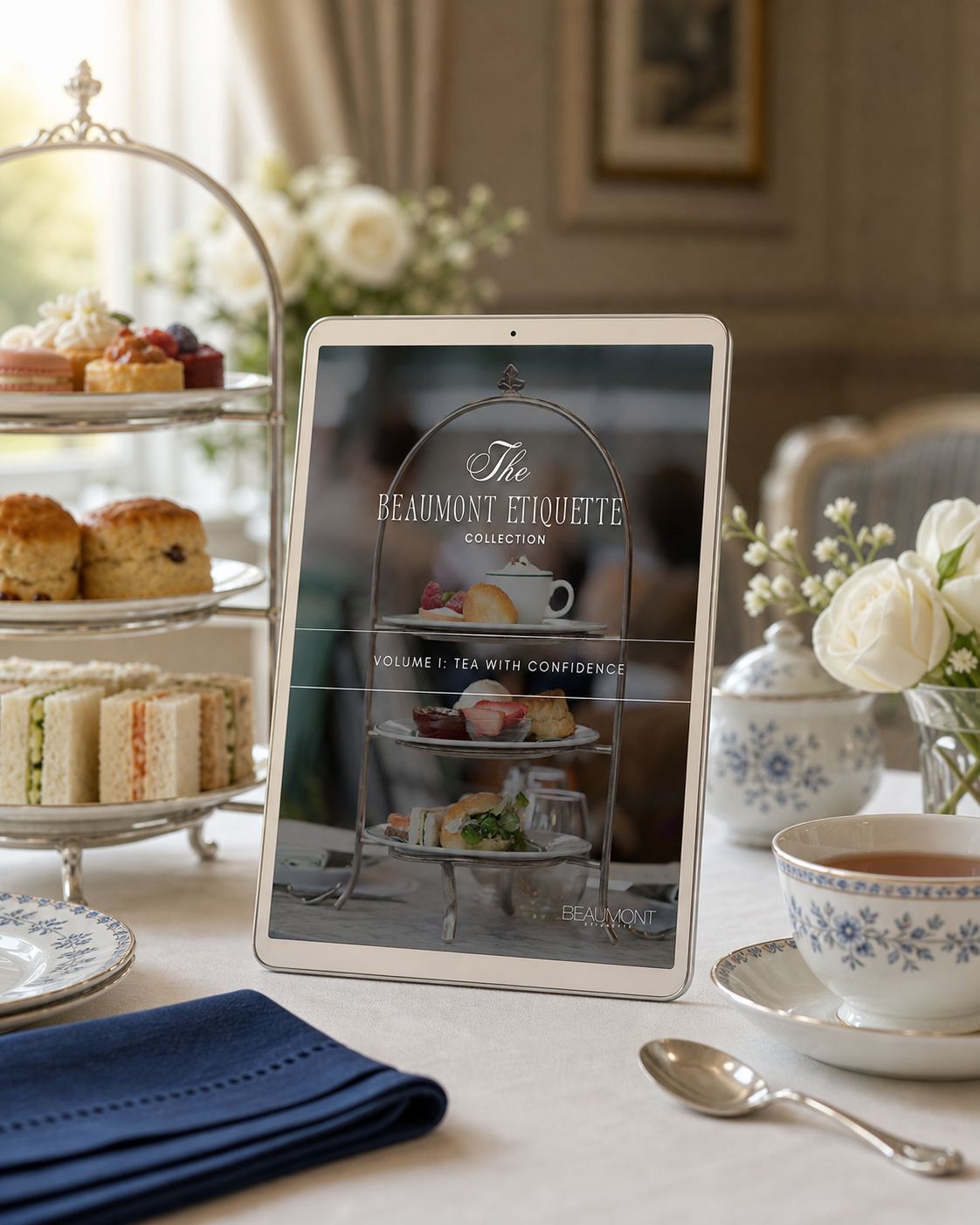 Tea With Confidence digital guide displayed beside an afternoon tea service