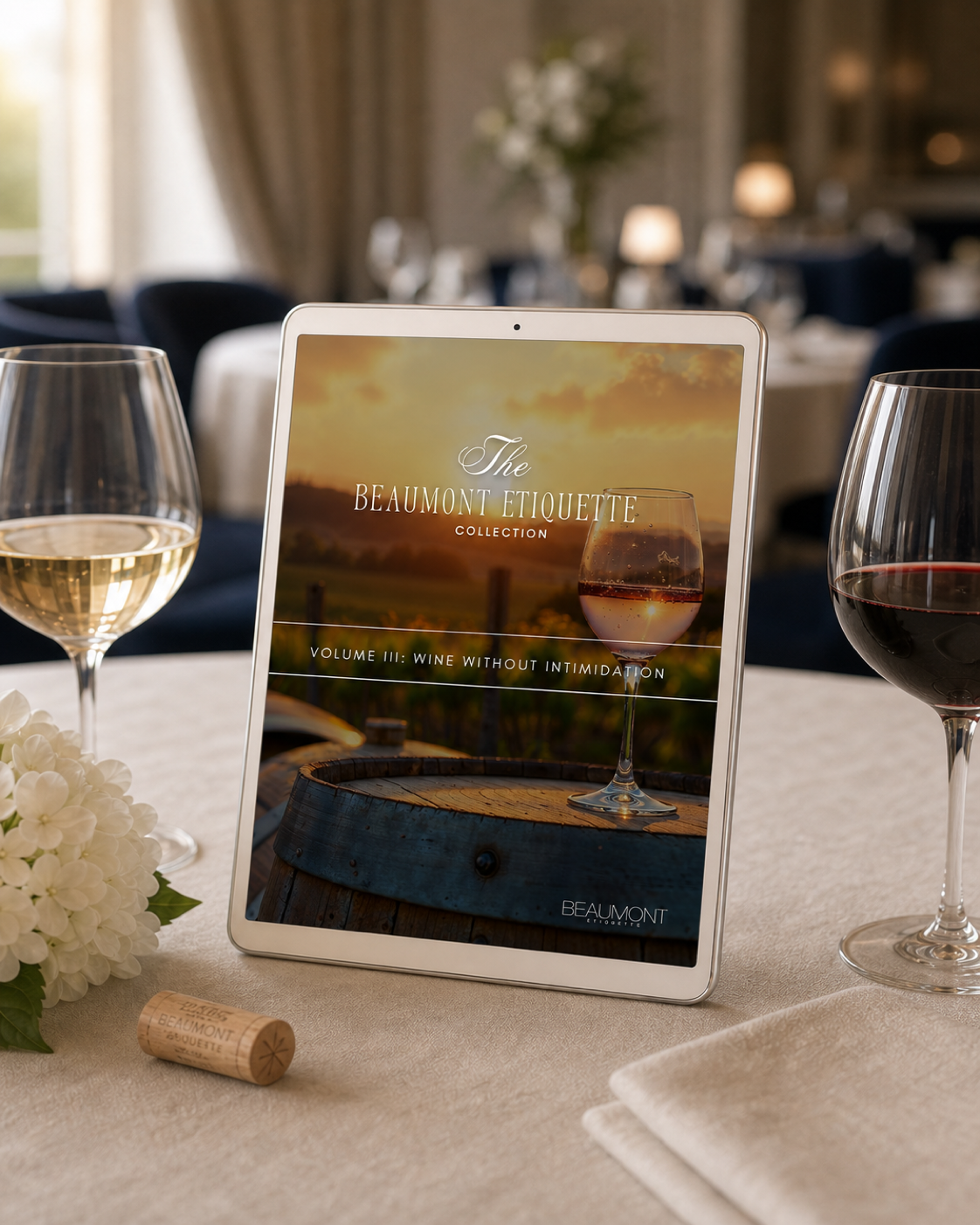 Wine Without Intimidation displayed on a tablet within an elegant wine-service setting