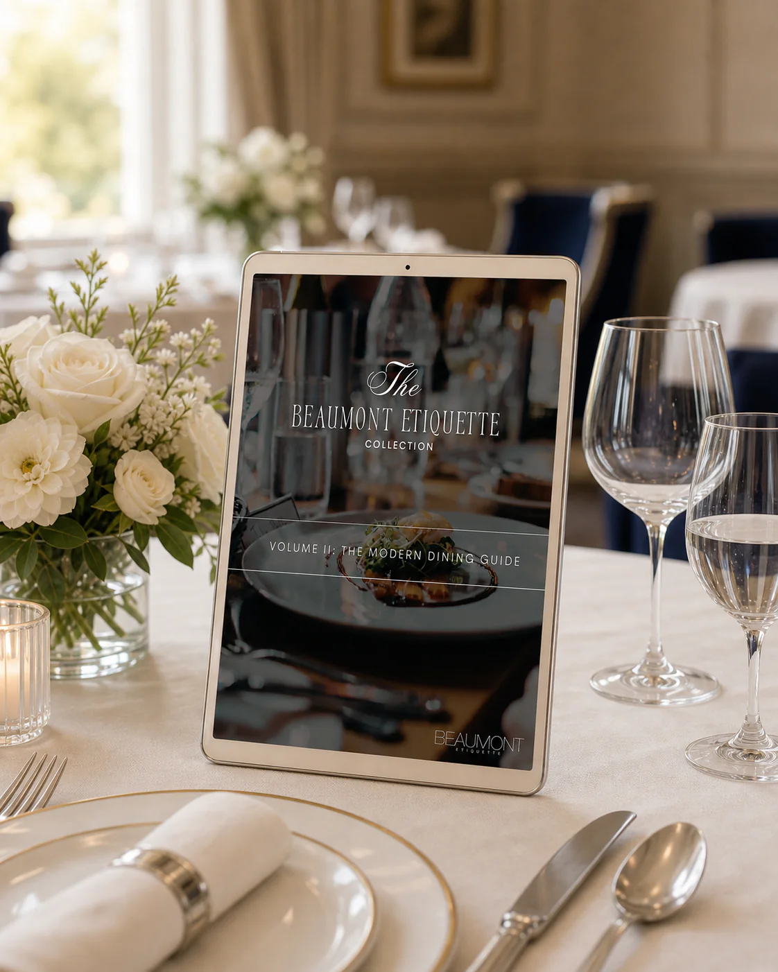 The Modern Dining Guide displayed on a tablet within an elegant dining setting