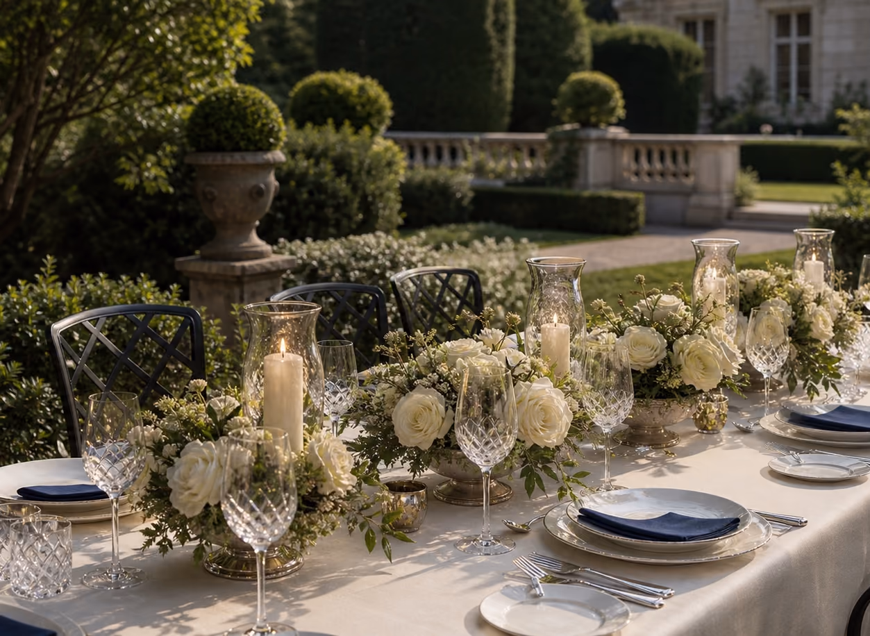 An elegant dining table set with flowers and place settings in a lush garden