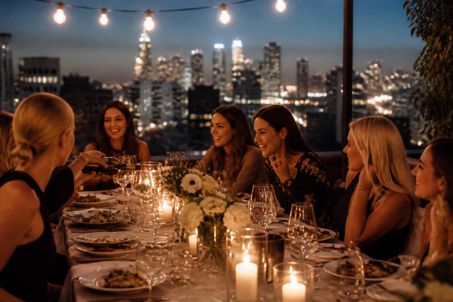 Women gathered around a candlelit rooftop table at dusk
