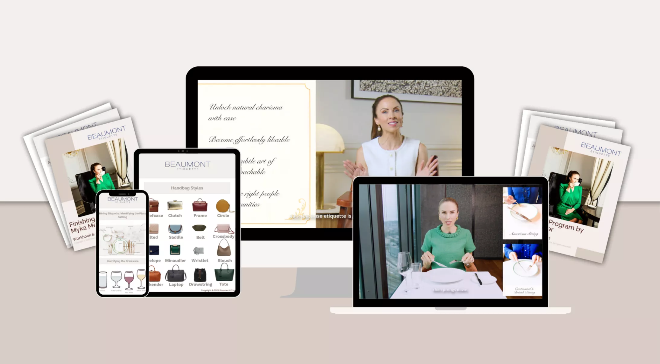 The two courses shown across laptop, tablet, and phone with printed materials