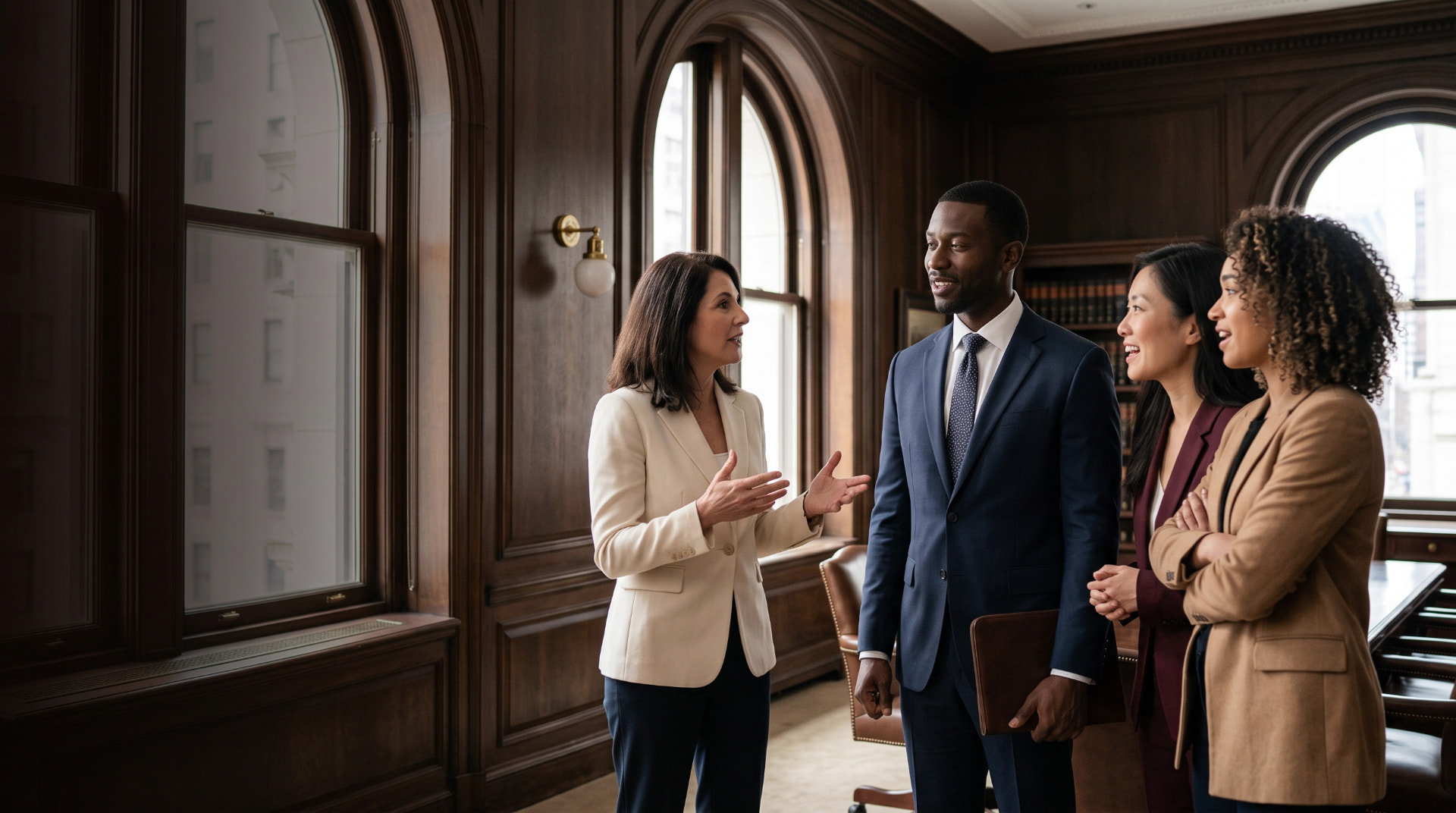 Four colleagues in conversation in a wood-panelled boardroom