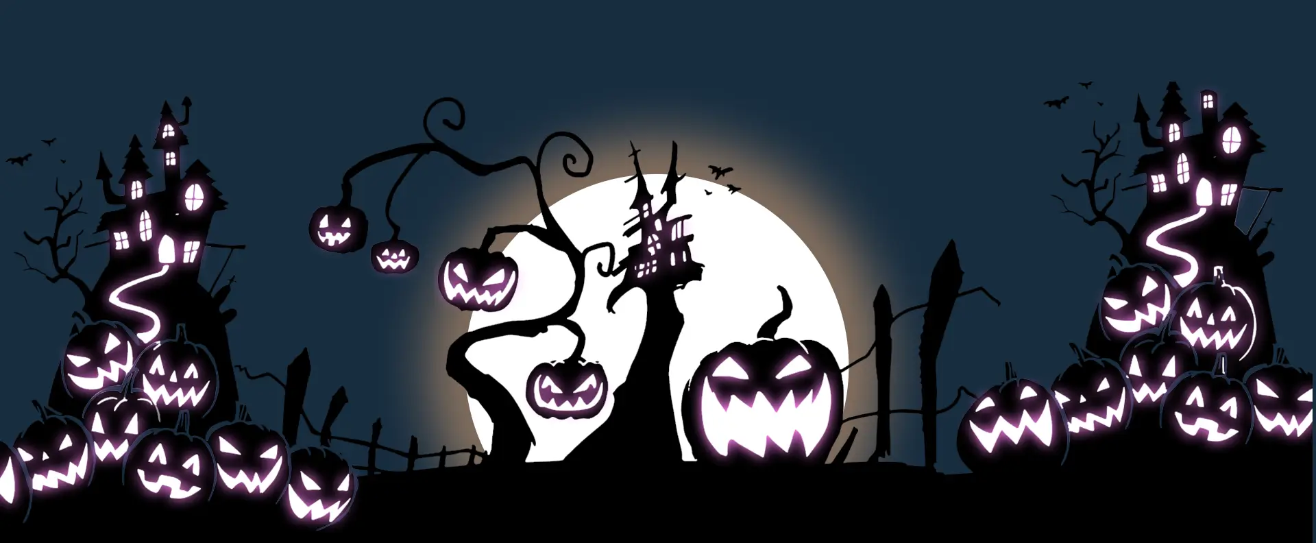 And illustation of a nightmarish backdrop of dark castles, spindly trees and lots of spooky pumpkin illustraitions, representing Jacked Up Pumpkins