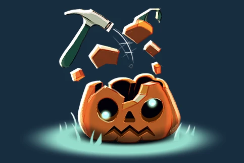 Illustrated pumpkin getting smashed with a hammer