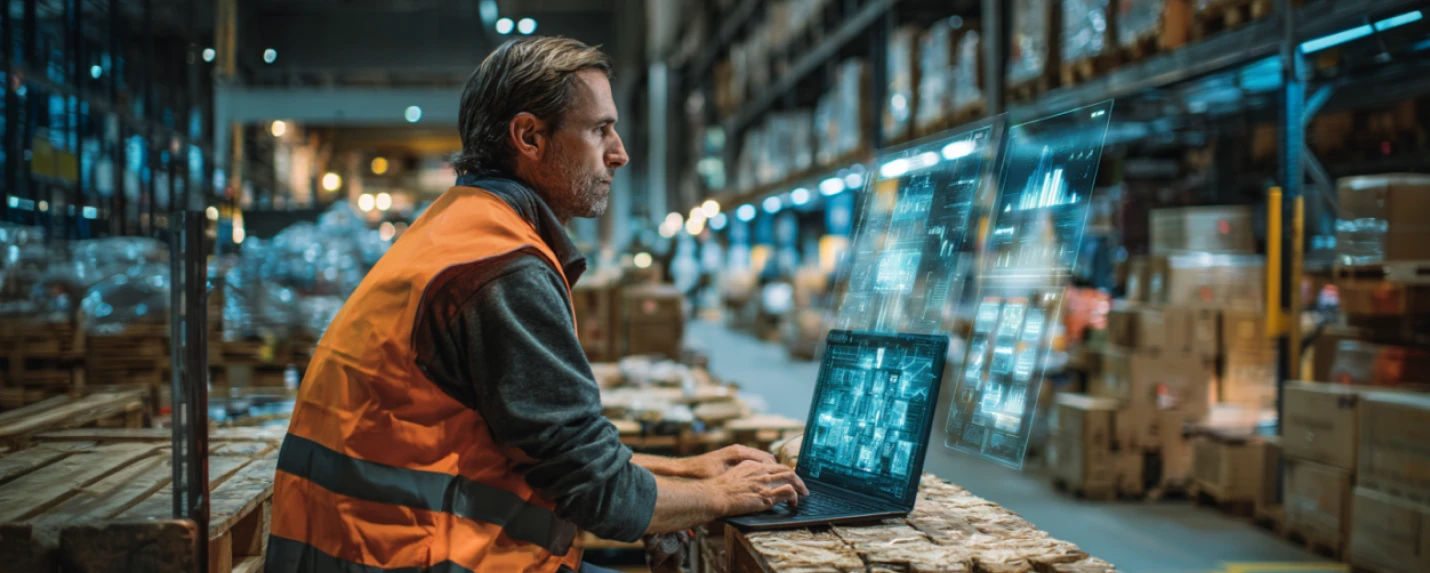 Warehouse worker in safety vest using a laptop with transparent holographic screens displaying data analytics, representing custom AI applications in supply chain and logistics