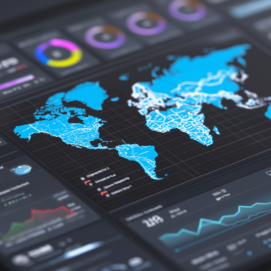 A digital dashboard interface featuring a bright blue world map over a dark background, surrounded by data widgets, analytics graphs, and colorful charts. The display reflects global tracking, geographic insights, and real-time metrics typical of a geo-intelligence or location analytics agency.