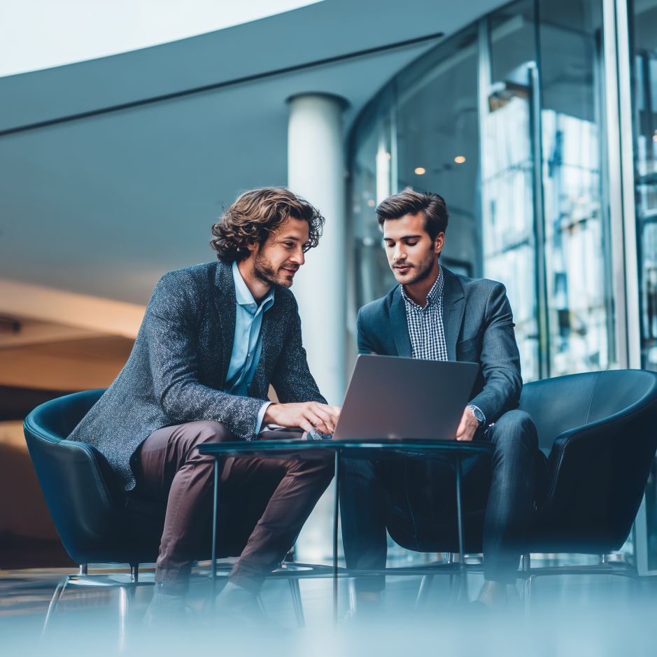 Two professionally dressed men seated in modern armchairs in a contemporary office lobby, engaged in discussion while viewing a laptop screen. The setting suggests a business meeting focused on technology or strategy, ideal for illustrating AI consulting or digital transformation services.