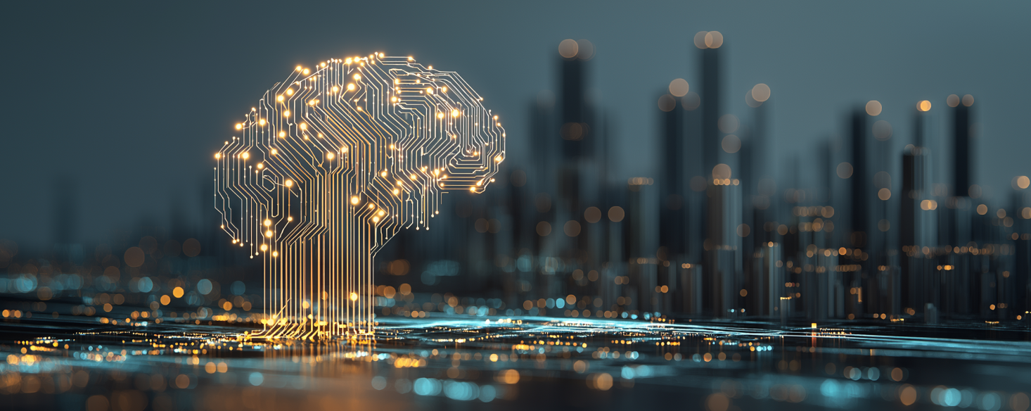 Abstract glowing brain-shaped circuit design emerging from a digital cityscape, symbolizing artificial intelligence integration and strategic consulting