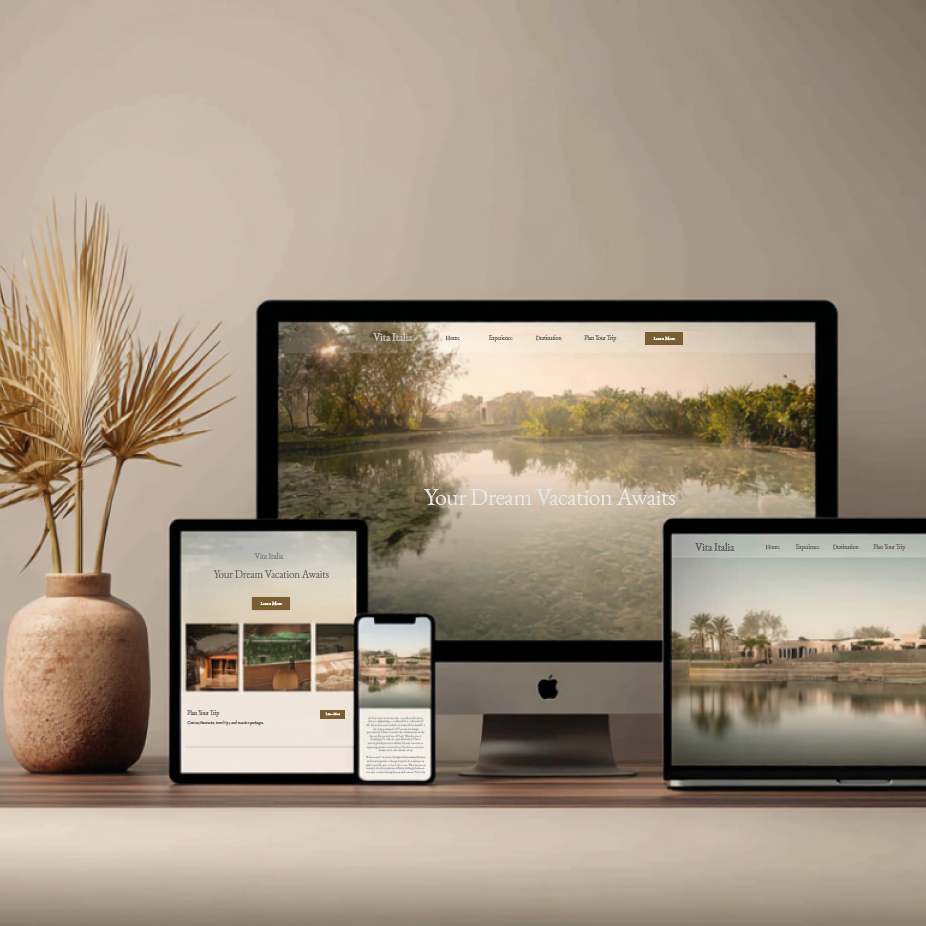 A web development agency showcases a responsive travel website on various devices, including a desktop, tablet, laptop, and smartphone, all displaying the same serene vacation-themed interface with the text “Your Dream Vacation Awaits.”