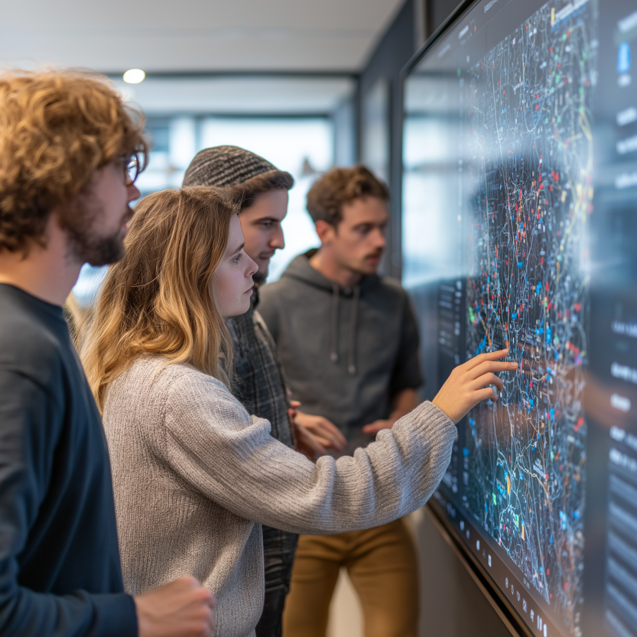 A team at a web design agency interacting with a large touch screen displaying a complex, colorful UI/UX map or sitemap in a modern office environment.