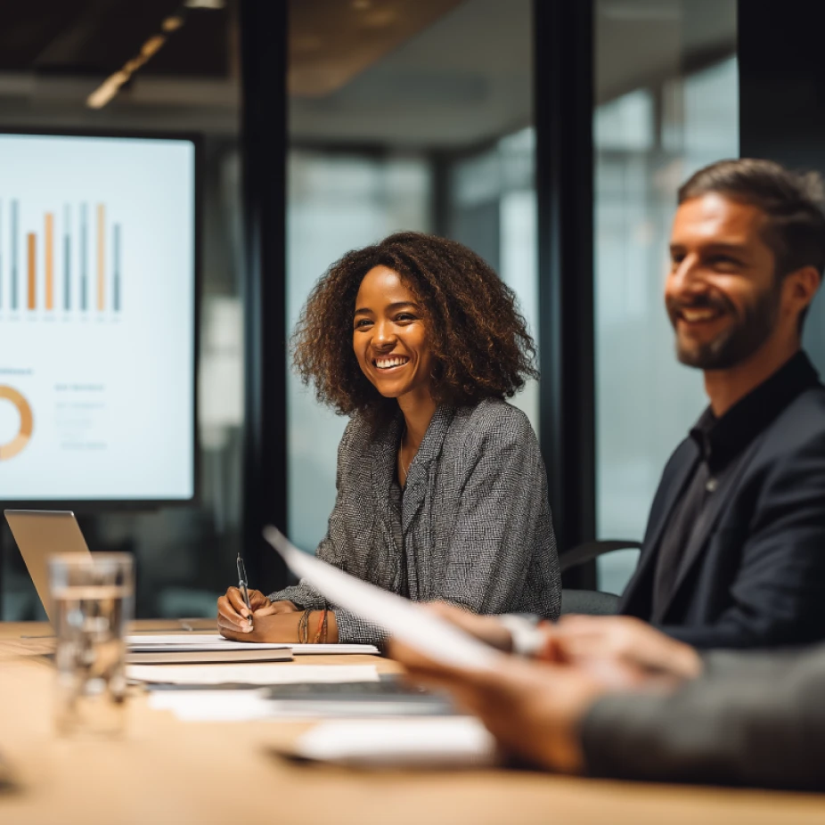 Marketing professionals at an agency meeting, smiling while reviewing email campaign performance metrics displayed on a screen.