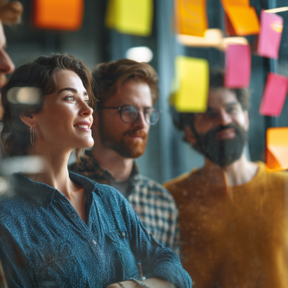 Group of professionals brainstorming digital lead generation strategies, standing in front of a glass wall covered in colorful sticky notes.