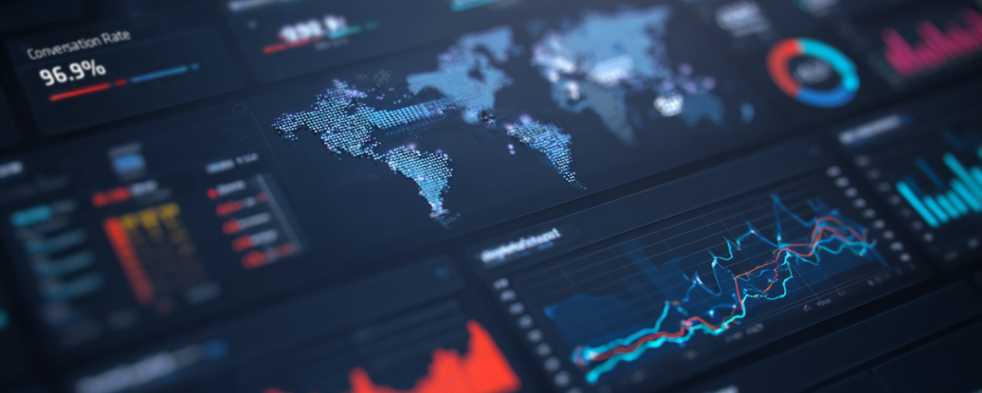 Digital dashboard interface displaying global analytics, conversion rates, and performance metrics related to lead generation campaigns