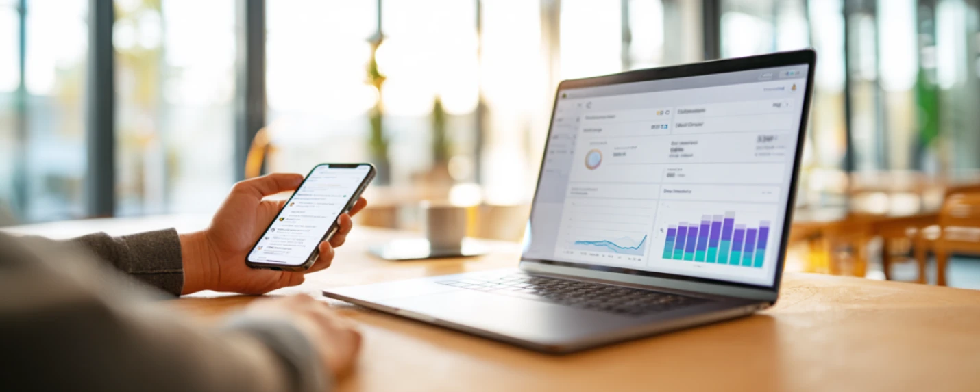 Person analyzing email campaign metrics on a smartphone and laptop, displaying performance dashboards and engagement data