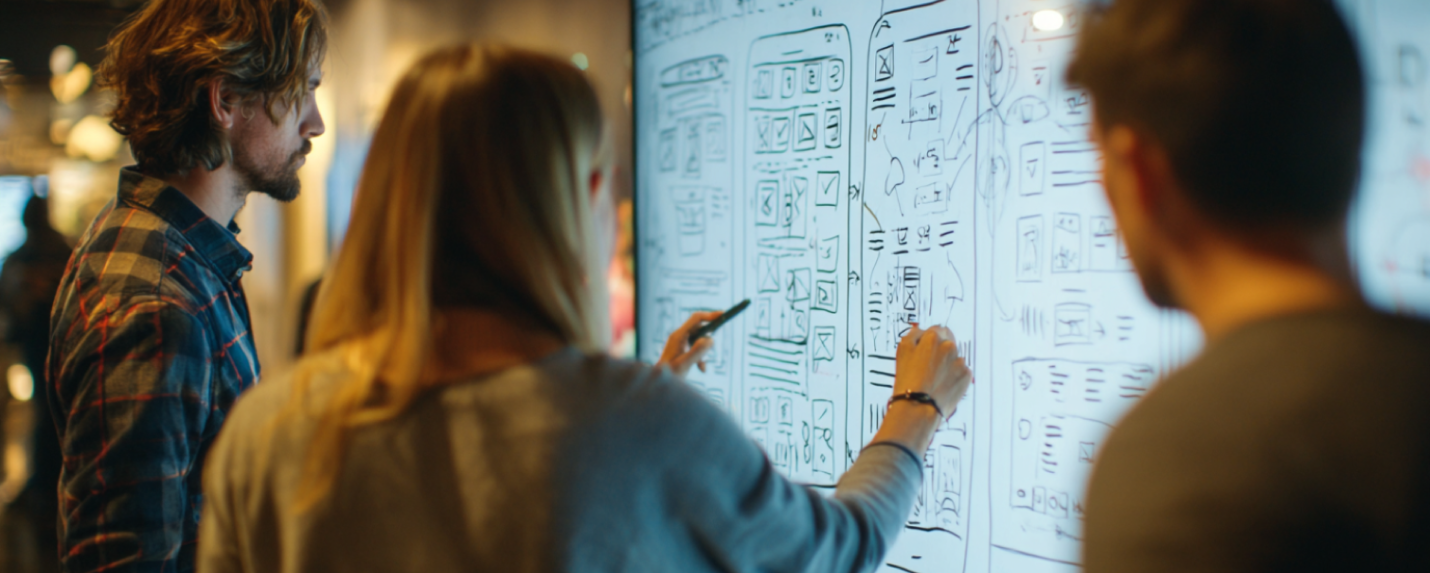Team collaborating on user experience wireframes for a website, drawing interface layouts on a large digital whiteboard