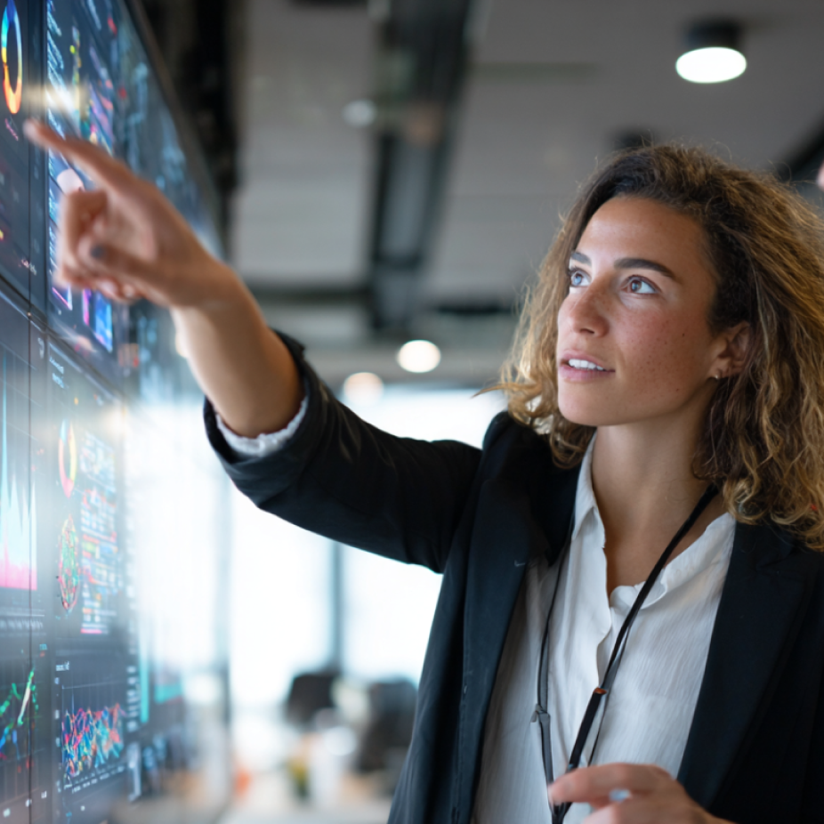 Professional woman in a modern office interacting with a large touchscreen interface displaying UX design analytics and data visualizations.