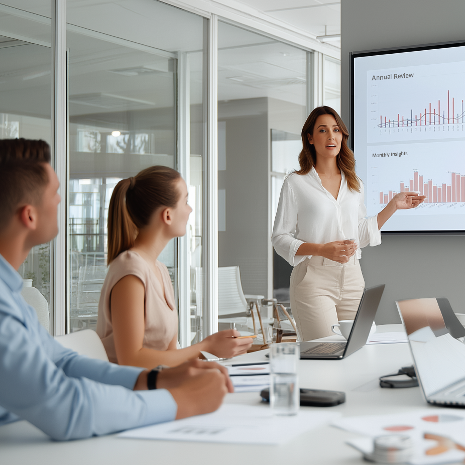 Woman presenting a demand generation report to colleagues in a modern conference room, with charts displaying annual and monthly performance data on a large screen.