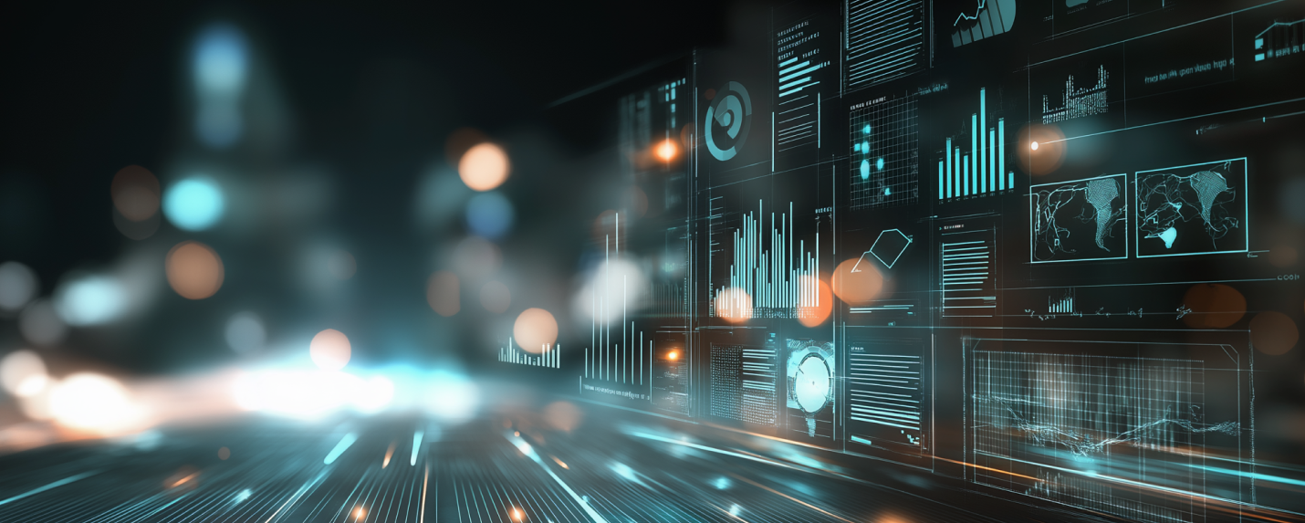 Futuristic digital interface displaying dynamic charts, graphs, and global analytics, representing demand generation and data-driven marketing strategy