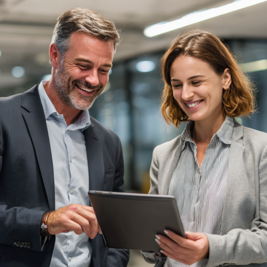 Two professionals smiling while reviewing customer experience data on a digital tablet in a modern office setting.