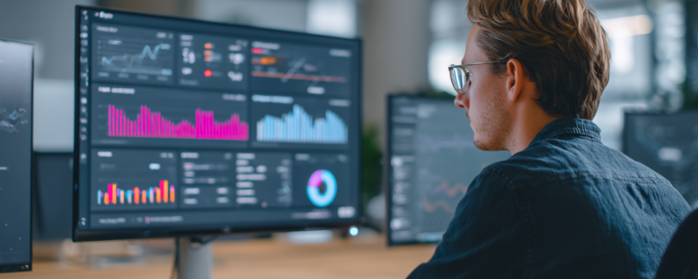 Digital analyst monitoring real-time performance dashboards with graphs and KPIs to optimize website conversion rates