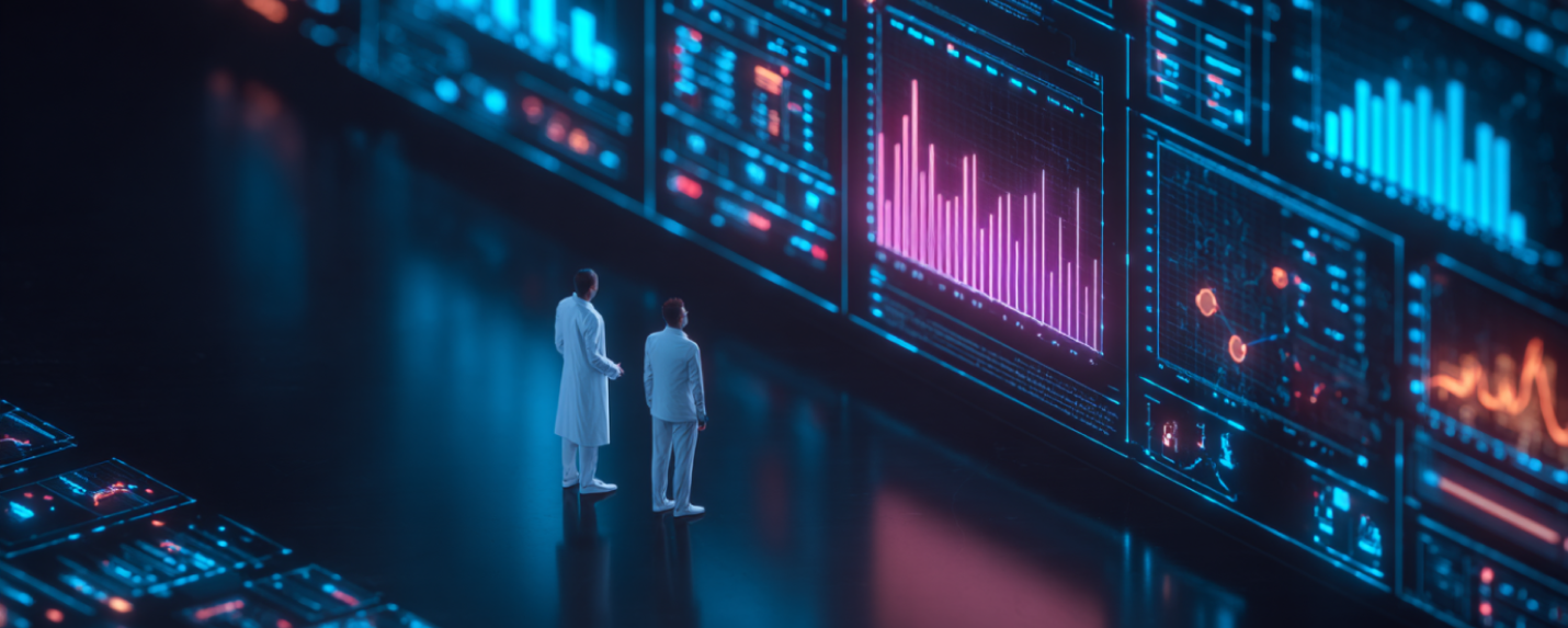 Two professionals analyzing large-scale data dashboards with graphs and segmentation insights, symbolizing account-based marketing strategy