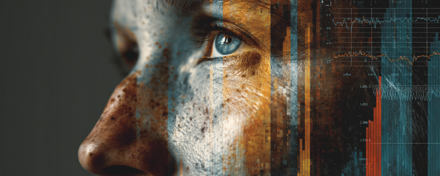 Close-up of a human face with digital data visualizations and graphs overlaying the skin, symbolizing the integration of artificial intelligence in sales insights, forecasting, and analytics