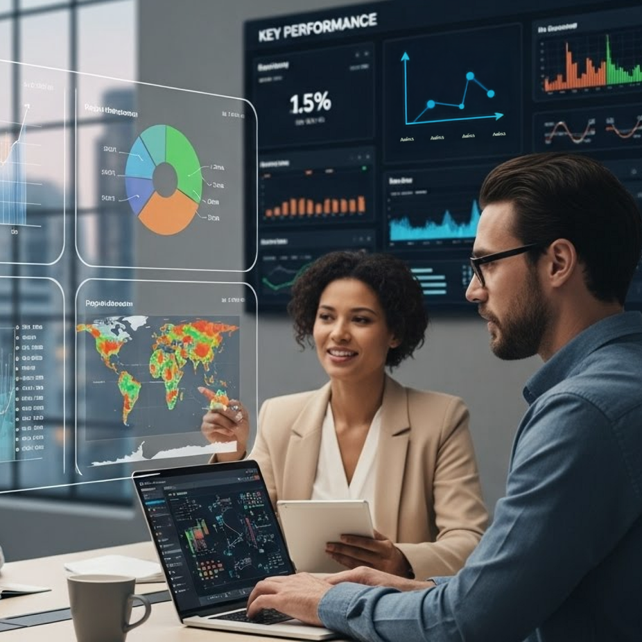 A team of professionals engaged in a digital analytics meeting, surrounded by futuristic data visualizations. One woman is holding a tablet and pointing to a transparent display showing a heatmap, pie chart, and global analytics. A man types on a laptop displaying data dashboards. Behind them, a large screen presents various key performance indicators, including graphs and charts. The setting is a modern office, emphasizing data-driven marketing and strategic decision-making.