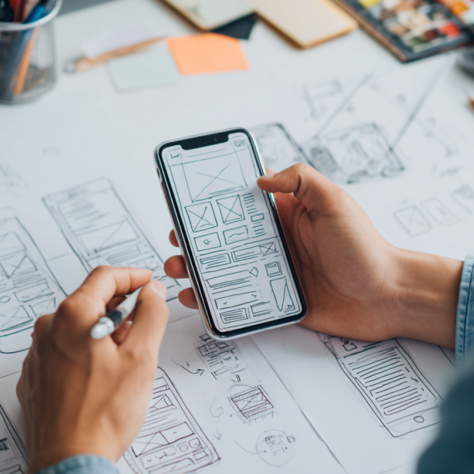 A close-up of a person's hands holding a smartphone displaying a wireframe sketch of a mobile app interface. The phone is positioned above a desk covered with paper prototypes and sketched layouts for app screens. The individual is using a pen to add notes or make adjustments to the designs, highlighting a creative process in digital marketing or user experience design.