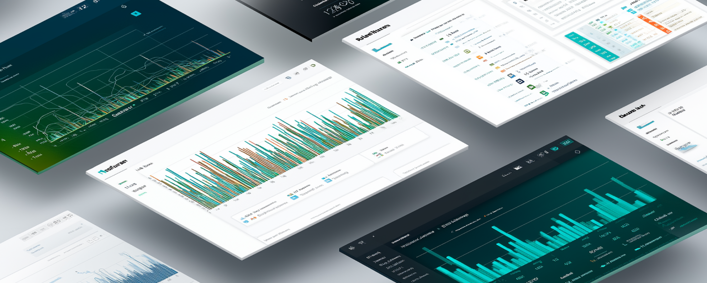 Multiple website analytics dashboards with charts and metrics displayed on a gradient background, representing performance tracking, user behavior insights, and web analytics tools