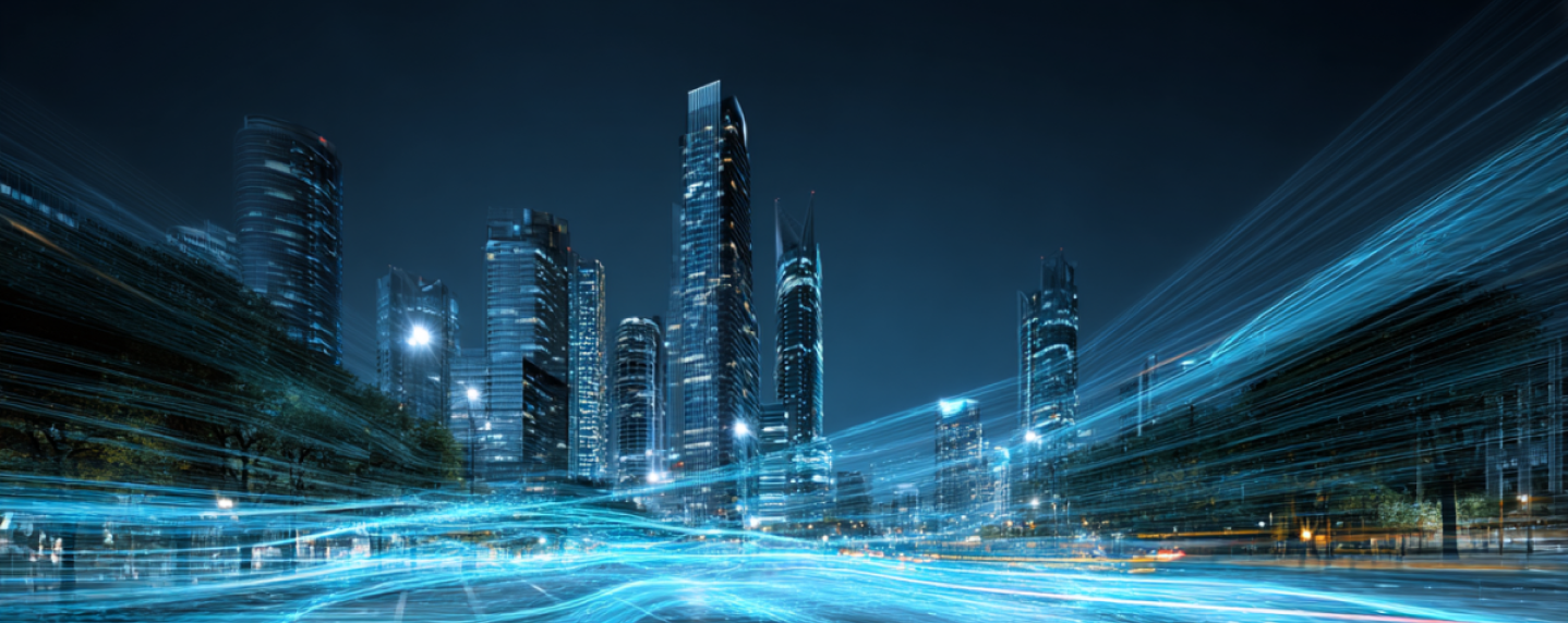 Abstract city background with motion lines used in B2B branding to convey scale, agility, and technological leadership