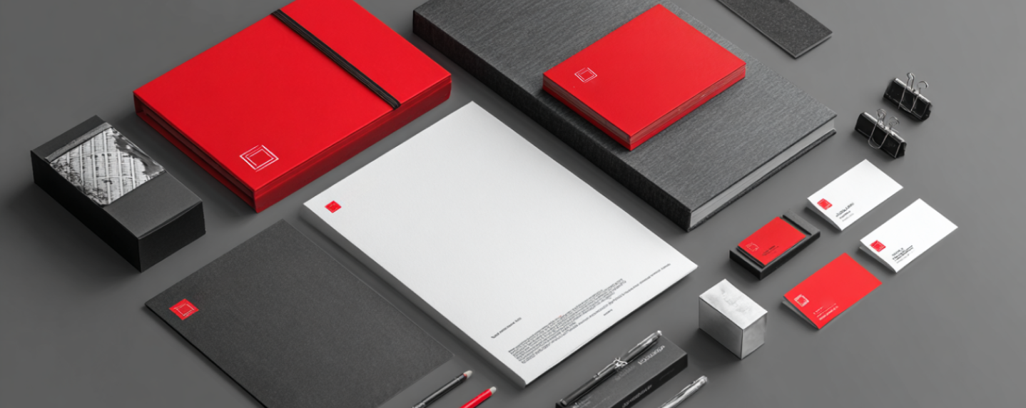 Flat lay of modern brand identity system featuring business cards, letterhead, notebooks, and packaging in a cohesive red, black, and white color scheme