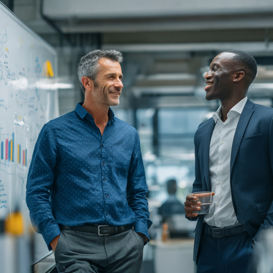 Two professionally dressed men engage in a friendly discussion in a modern office setting, standing near a whiteboard filled with colorful charts and diagrams. One man holds a glass of water while both smile, suggesting a collaborative conversation about brand strategy or business planning in a relaxed yet productive atmosphere.