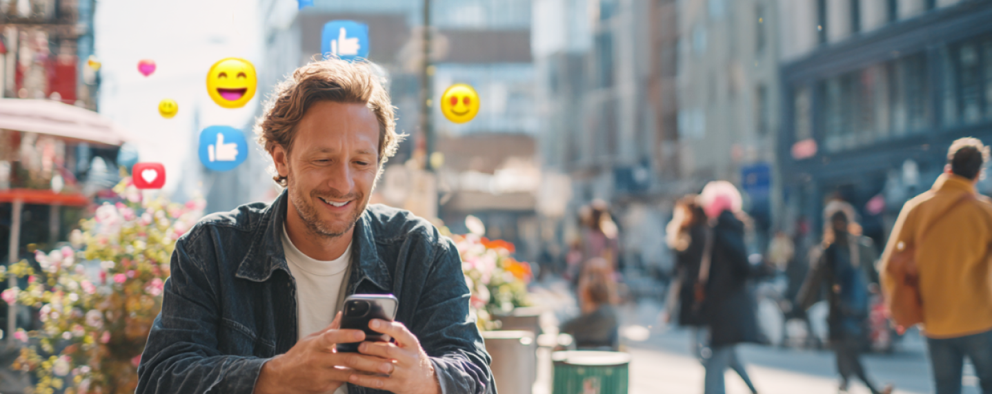 Smiling man using phone outdoors with emoji overlays, visualizing brand connection and positive online interaction