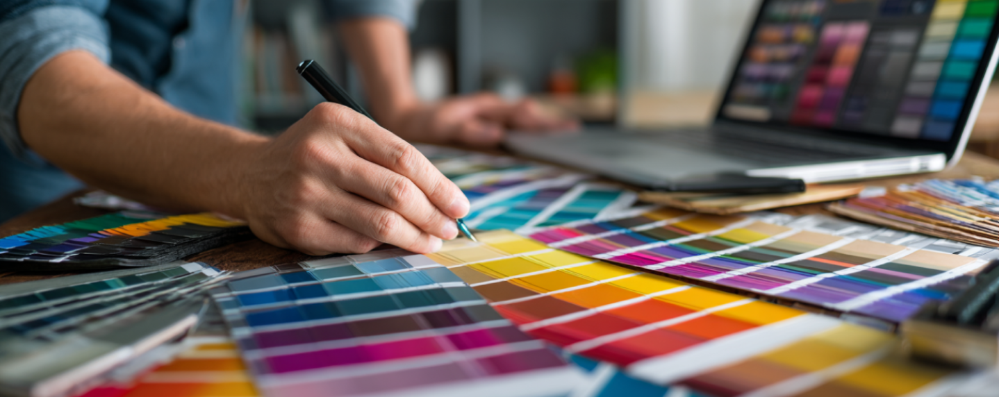 Creative working with print and digital color tools to define a cohesive visual identity for a brand