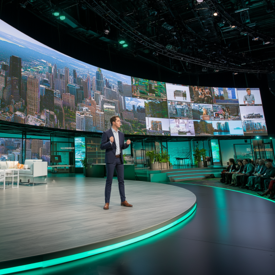 A confident presenter speaks on a large, modern stage featuring a curved LED screen displaying high-resolution images of urban landscapes and brand-related visuals. The audience watches attentively, and the setting is sophisticated and futuristic — ideal for a keynote or brand marketing launch event.