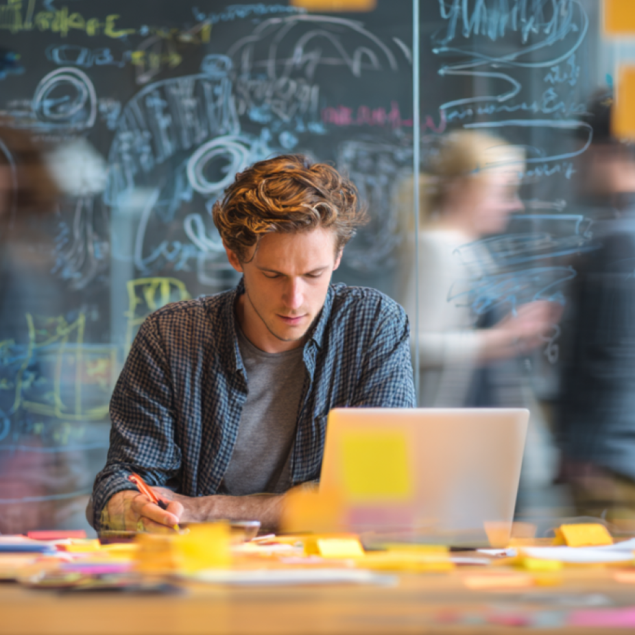 A young man focuses intently while working on his laptop in a creative office space. The foreground is scattered with colorful sticky notes and papers, and the background features a transparent glass wall covered in brainstorming sketches and diagrams, illustrating a fast-paced digital branding environment.