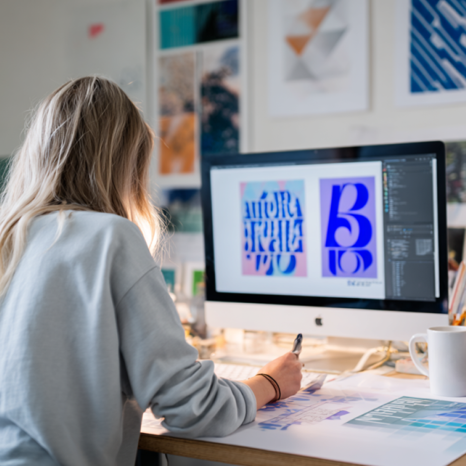 A designer works at a bright, modern desk on brand identity visuals, shown on a large desktop screen. Bold typographic logo concepts in blue and pink tones are displayed as part of a visual branding project. Color swatches, design sketches, and inspirational prints surround the workspace.
