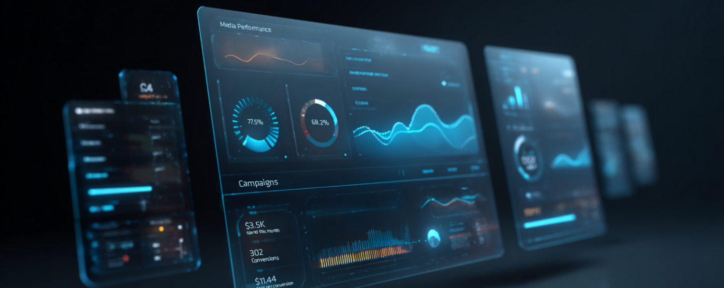Futuristic digital dashboard displaying media performance, campaign metrics, and conversion data, representing programmatic advertising automation