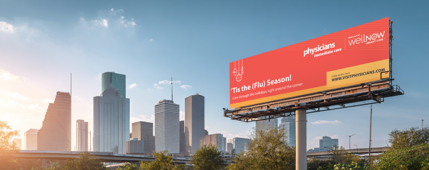 Large billboard promoting flu season care services, displayed above a highway with a city skyline in the background.