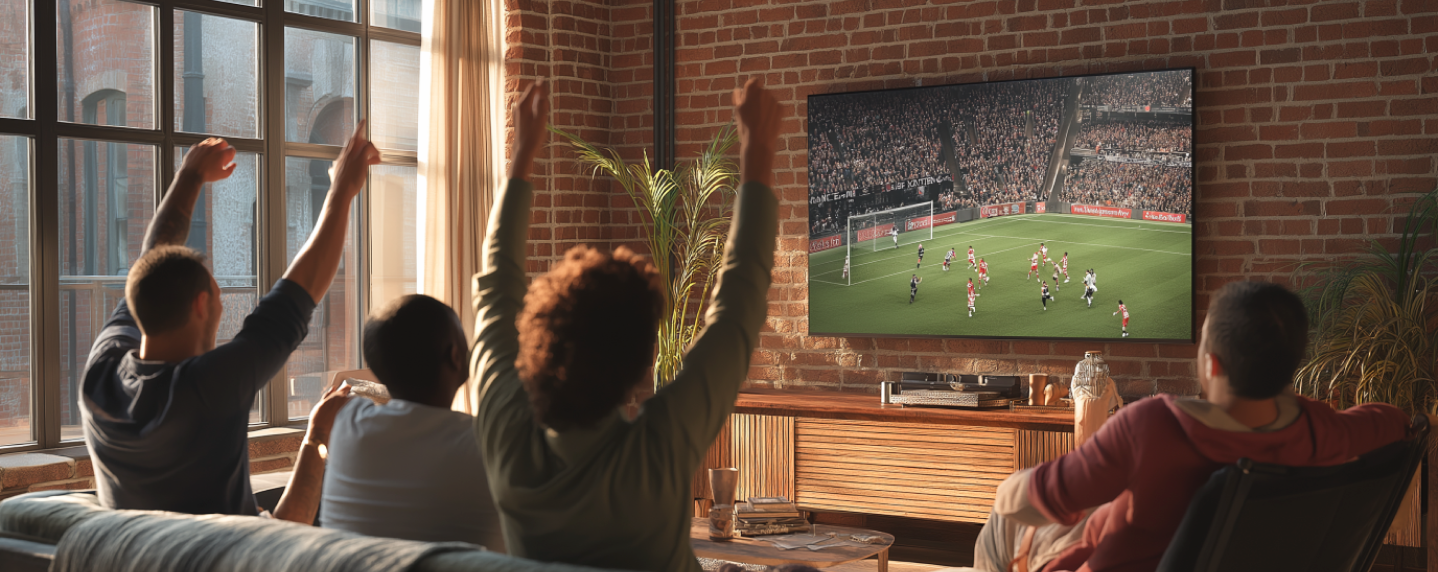 Group of diverse friends cheering while watching a soccer match on a smart TV in a modern loft, representing engaged audience in connected TV advertising environment