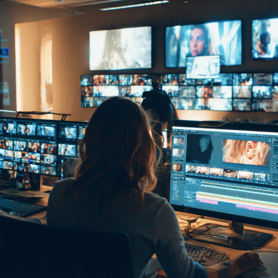 Video editor working at a multi-monitor editing station surrounded by screens displaying streaming content, symbolizing the dynamic environment of Connected TV production and digital broadcasting.