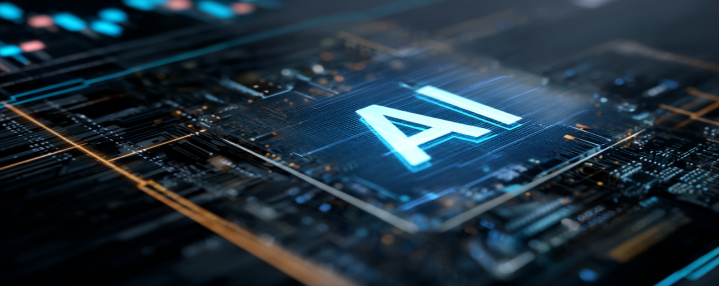 Close-up of a glowing AI chip on a digital circuit board, symbolizing artificial intelligence powering marketing technologies and data-driven strategies