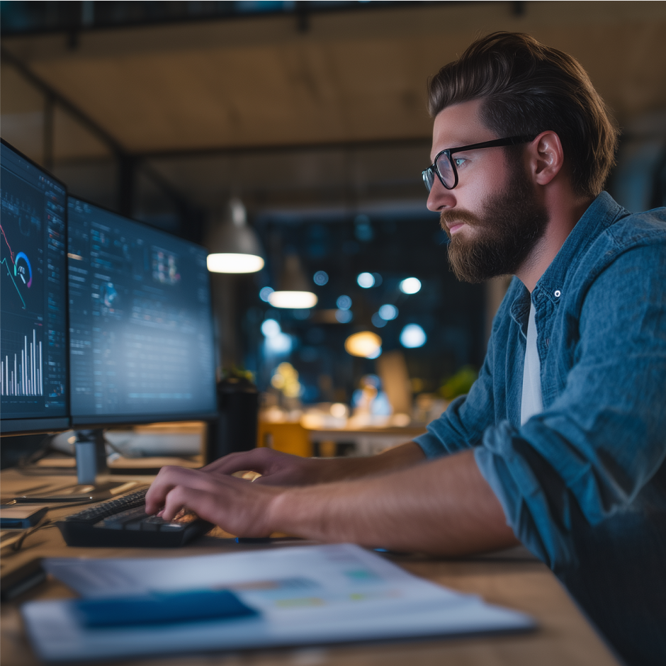 Man with a beard and glasses working at a desk with dual monitors displaying marketing analytics dashboards, representing the use of AI in marketing strategy and performance tracking.