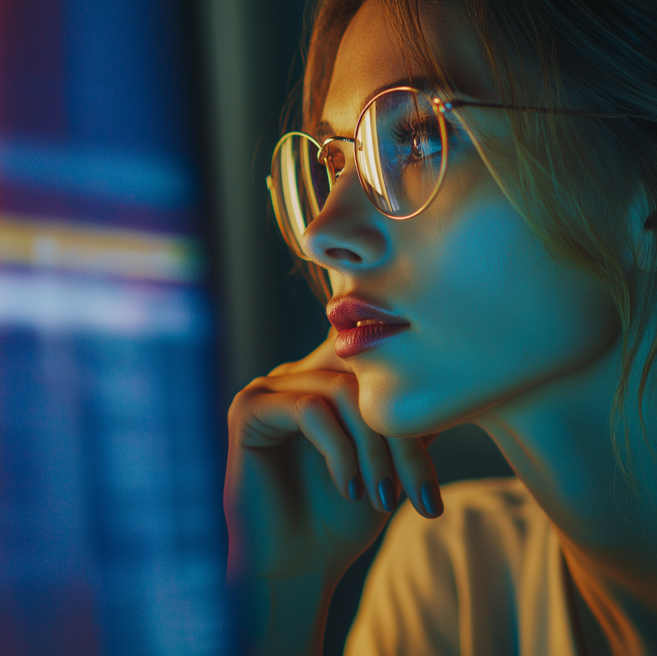 Close-up of a focused woman wearing round glasses, illuminated by the glow of a screen displaying data analytics, symbolizing the use of AI for sales insights and performance optimization.