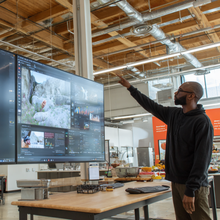 Professional in a modern industrial workspace interacts with a large digital display showcasing AI-powered business analytics, visual data dashboards, and multimedia content, symbolizing advanced artificial intelligence solutions for business intelligence and strategy.