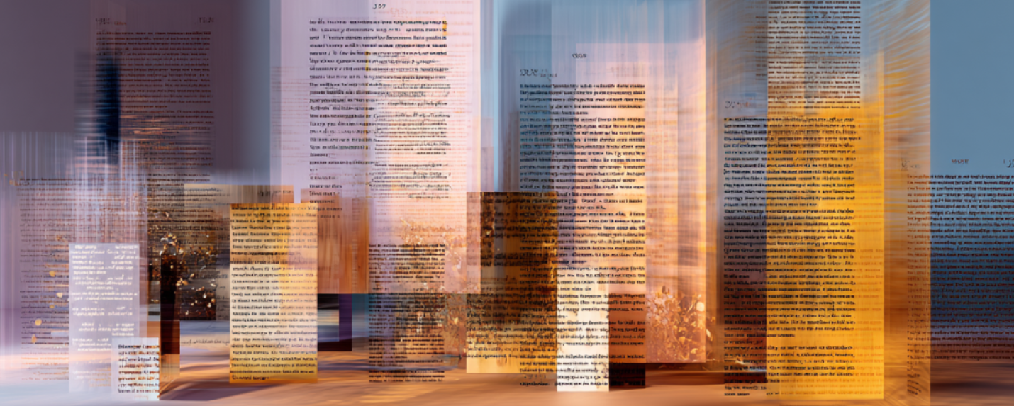 Abstract visual of layered digital text blocks floating in a vibrant space, representing the scale, variety, and creativity of content services